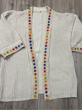 POL Cream Knit Cardigan with Multicolor Gem Trim Accents